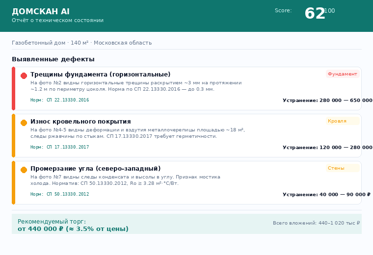 Пример страницы отчёта DomScan AI с дефектами и стоимостью